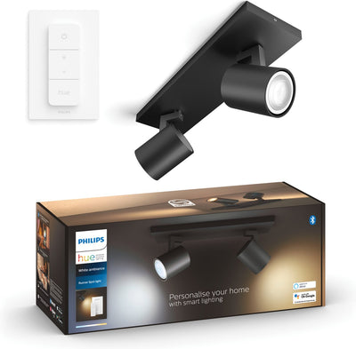 Philips Hue Runner Aufbaustrahler – warmes bis kaltweißes Licht – 2 Spots – Schwarz – 1 Dimmschalter