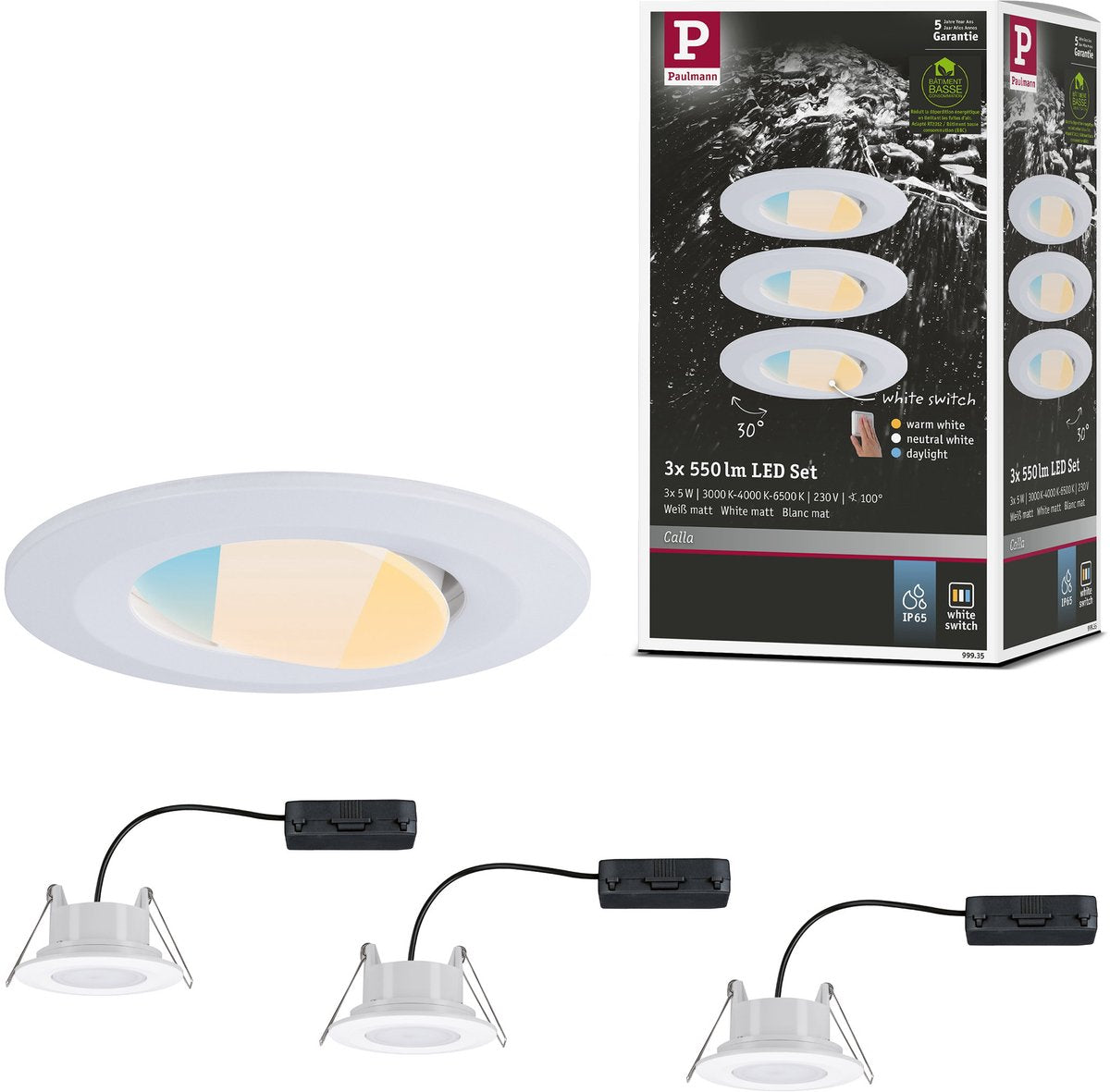 Paulmann LED-Einbaustrahler Calla 3er-Set – Weiß matt – IP65 – 5 W pro Strahler – 430 lm – 230 V – Whiteswitch – Badezimmer-Einbaustrahler