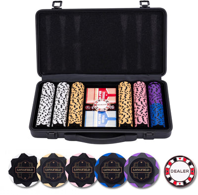Longfield Pokerset 300 Chips 14 Gramm – schwarzes Aluminiumgehäuse – Spielkarten – Dealer-Button – Würfel – Engelsherz