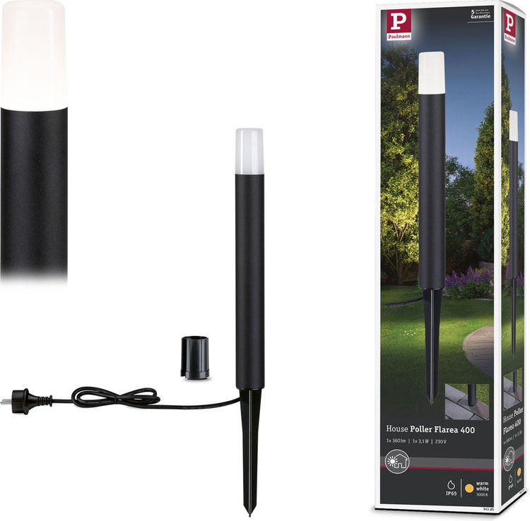 Paulmann LED-Pollerleuchte Flarea IP65 400mm 3000K 3,1W 280lm 230V schwarzes Aluminium
