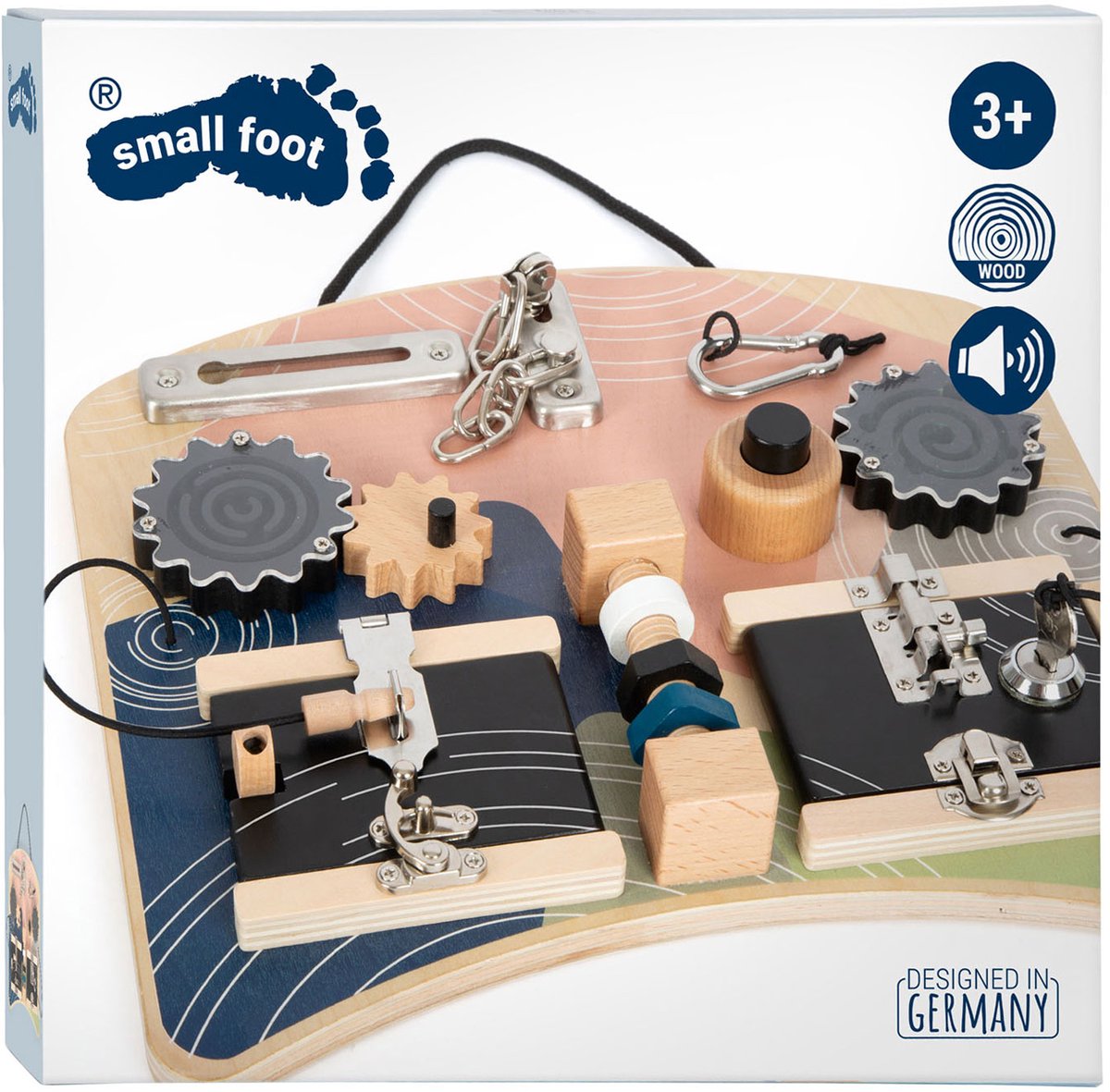 Rotation und Schlösser von kleinem Fuß Holzaktivitätsboard