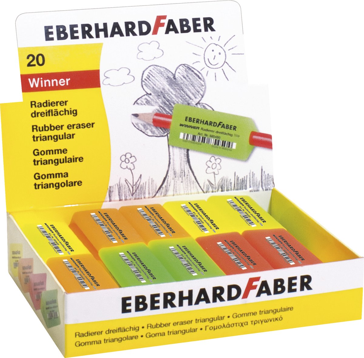 Eberhard Faber Radiergummi – Gewinner – 20 Stück – fluoreszierende Farben – sortiert – EF-585450