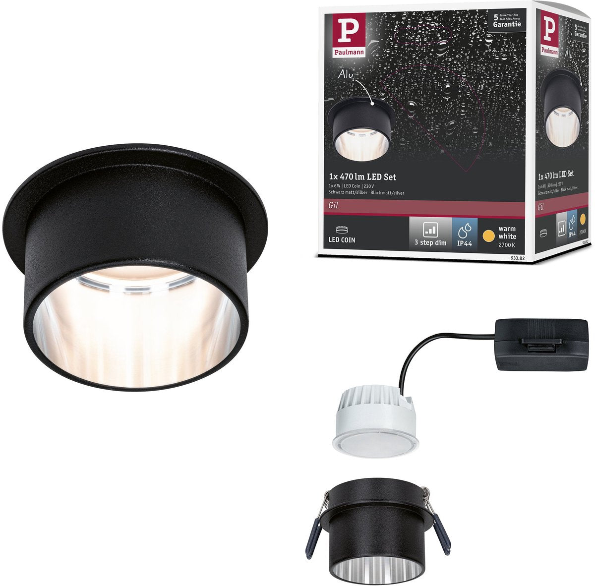 Paulmann LED-Einbauleuchte 3-Stufen-Dim Gil Coin IP44 rund 68 mm Coin 6W 470lm 230V dimmbar 2700K schwarz matt, gebürsteter Stahl