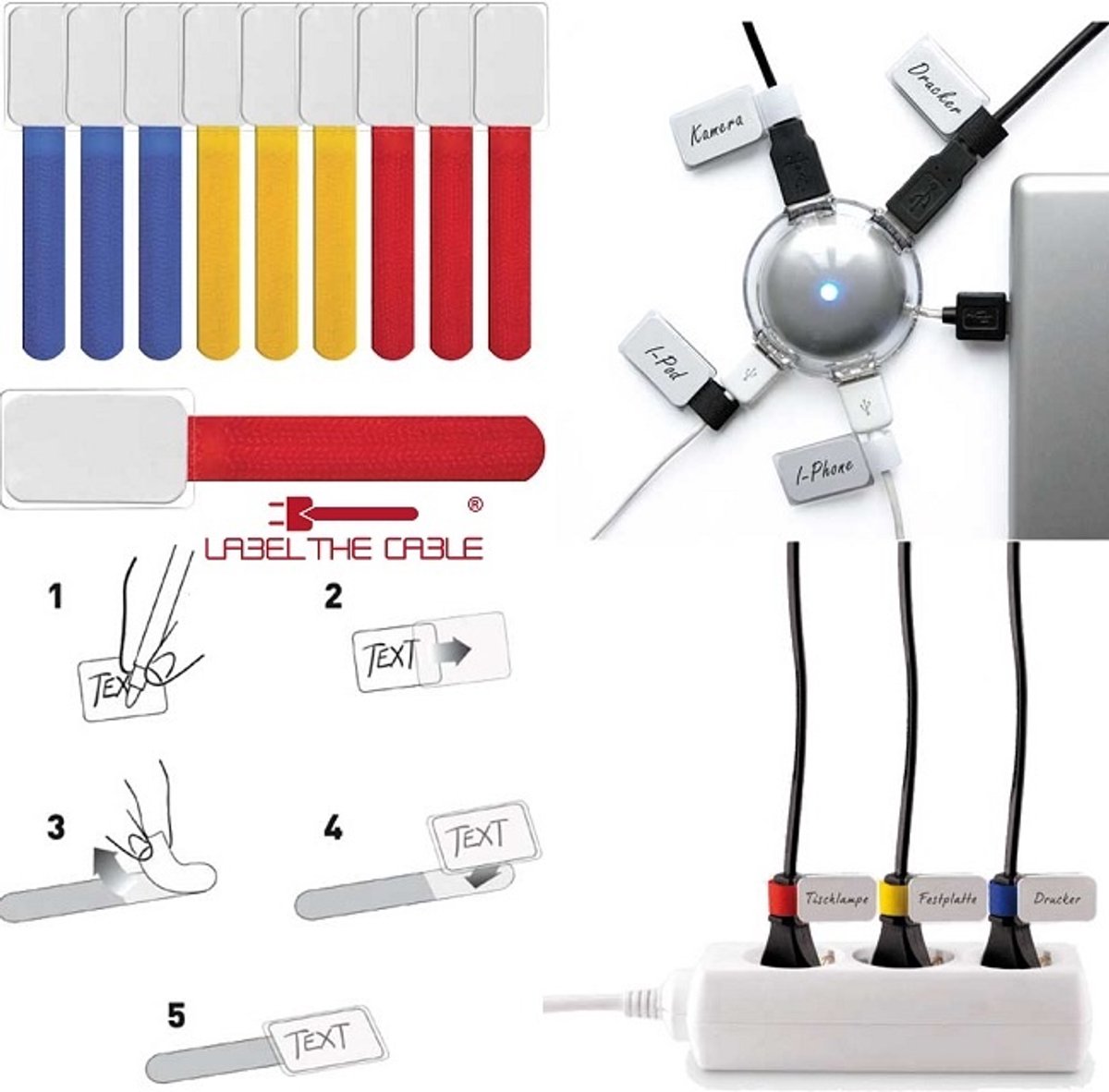 Beschriften Sie das Kabel LTC Mini – rot, blau, gelb – 10er-Pack