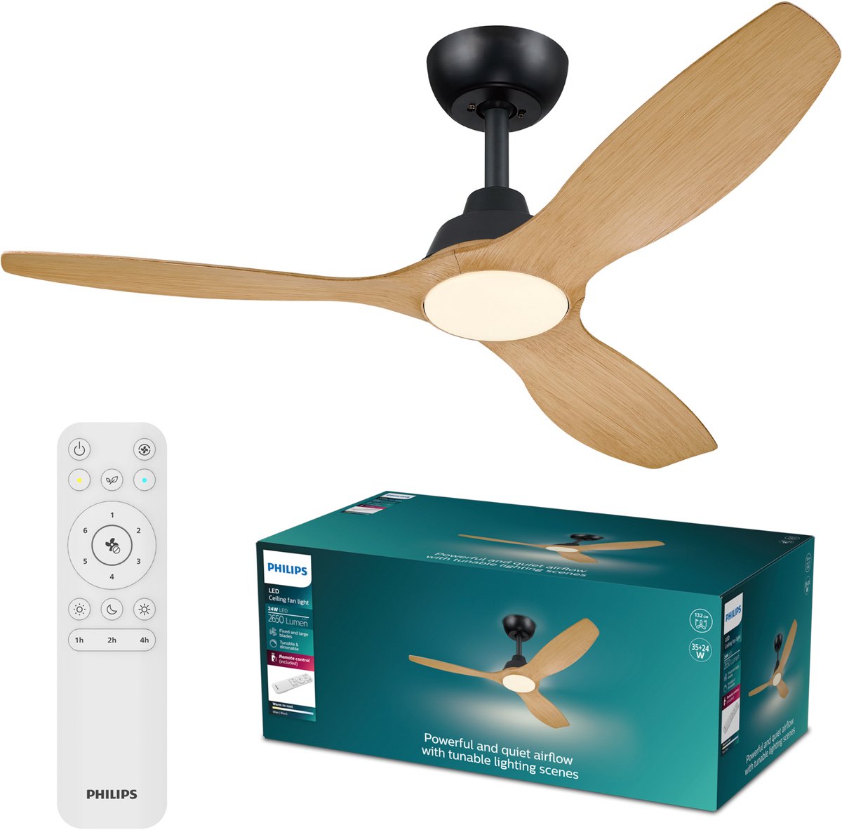 Philips LED Philips Olas Ventilator mit LED-Lampe – Durchmesser: 132 cm – einstellbares weißes Licht von 3000 K bis 6500 K – dimmbar bis zu 5 % – inklusive Fernbedienung – 2650 Lumen – schwarzes Holz