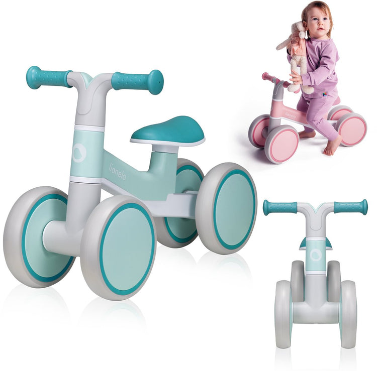 Lionelo Villy Laufrad – leicht – 1–3 Jahre – Jungen und Mädchen – bis zu 30 kg – 4 Räder – stoßdämpfende Vorderradgabel – rutschfeste Griffe – ergonomischer Sattel – Lenkschloss – Geburtstagsgeschenk