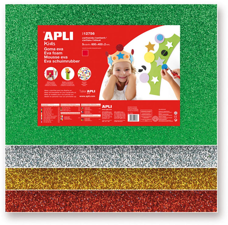 Apli Kids Eva-Schaumstoffplatten, 60 x 40 cm, Glitzer-Metallic, 4 Farben – 4 Blatt