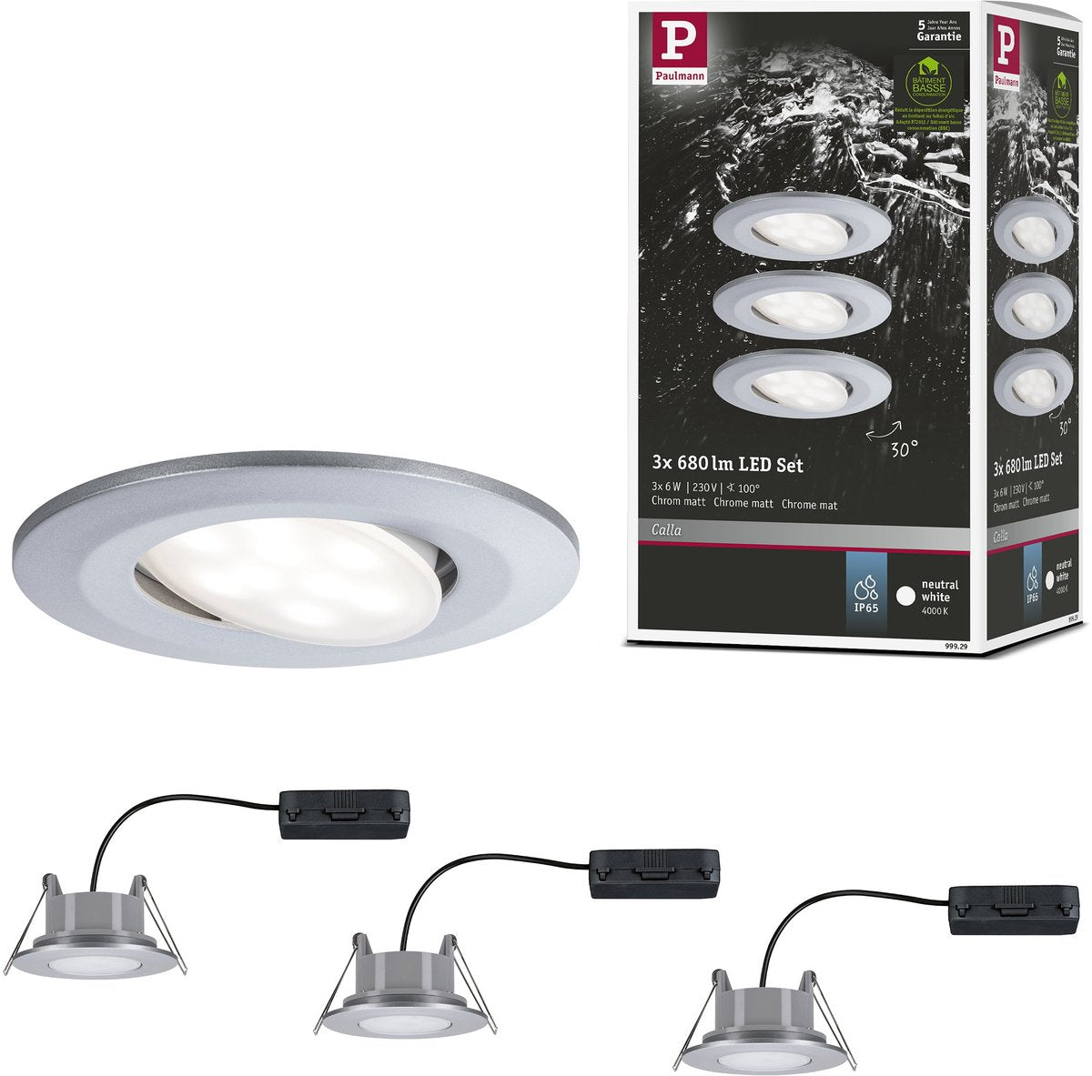 Paulmann LED Einbauleuchte Calla Basisset schwenkbar IP65 rund 90 mm 30° 3x6W 3x530lm 230V 4000K chrom matt