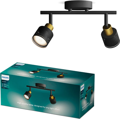 Philips LED Philips Niall Spot – Deckenstrahler mit zwei Lichtpunkten – Schwarz mit goldenem Design – GU10-LED-Fassung