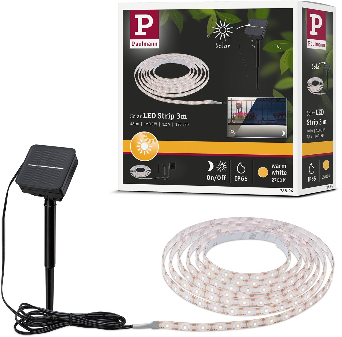 Paulmann Solar-LED-Streifen 3 Meter warmweiß 2700k – IP44 – mit Dämmerungssensor – 0,3 W – 60 LEDs m