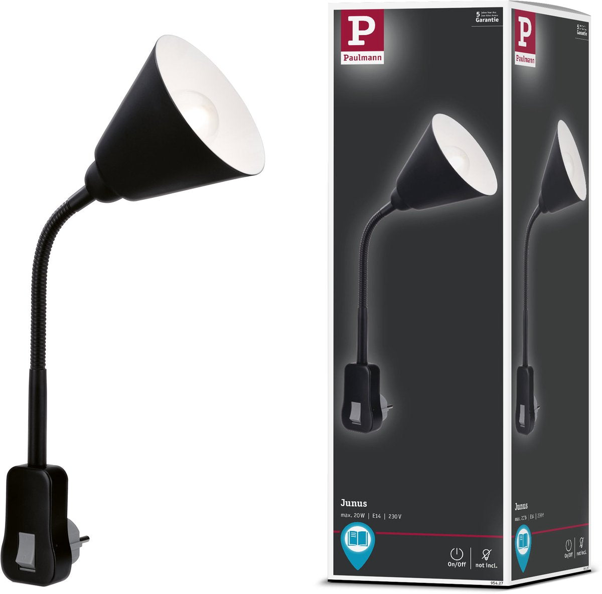 Paulmann Steckleuchte Junus - Flexarm - E14 230V - Leselampe Nachtlampe dimmbar - Steckerstrahler - Steckdosenlampe zum Lesen und Nachtgebrauch - Schwarz