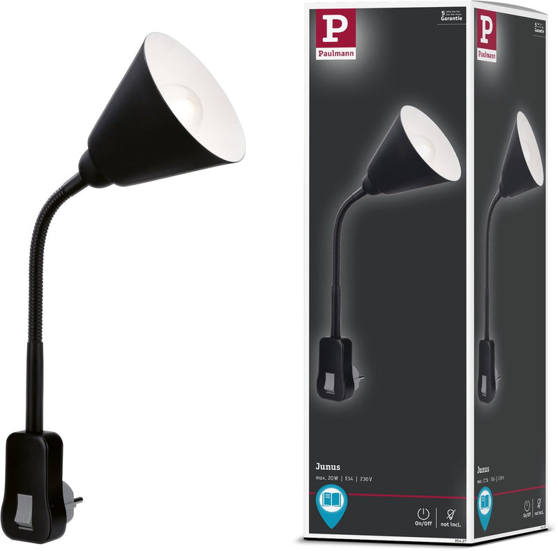 Paulmann Steckleuchte Junus - Flexarm - E14 230V - Leselampe Nachtlampe dimmbar - Steckerstrahler - Steckdosenlampe zum Lesen und Nachtgebrauch - Schwarz
