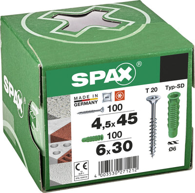 Spax-Dübel Typ SD 6 x 30 mm + Universalschraube, 4,5 x 45 mm, Senkkopf, Teilgewinde, T-Stern plus T20, Wirox, 100 + 100 Stück – 5000001200015