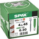 Spax-Dübel Typ SD 6 x 30 mm + Universalschraube, 4,5 x 45 mm, Senkkopf, Teilgewinde, T-Stern plus T20, Wirox, 100 + 100 Stück – 5000001200015