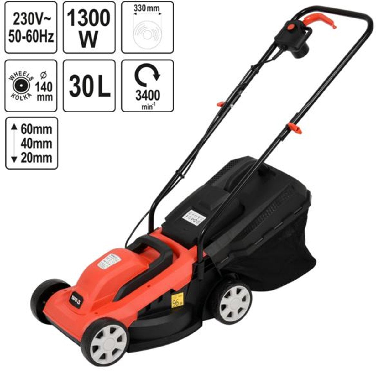 Yato Elektro-Rasenmäher 1300 W – 33 cm – 30 l – höhenverstellbar
