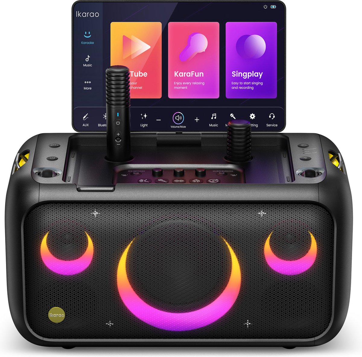 Ikarao Karaoke-Set für Erwachsene – Break x1 – 2 kabellose Mikrofone – 800 W – kostenlose Karaoke-App 6 Monate – HD-Bildschirm – Schwarz