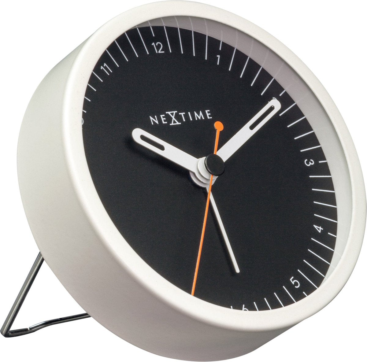 Nexttime klein – Tischwecker – 9 × 9 × 7,5 cm – Metall – weiß schwarz – geräuschlos