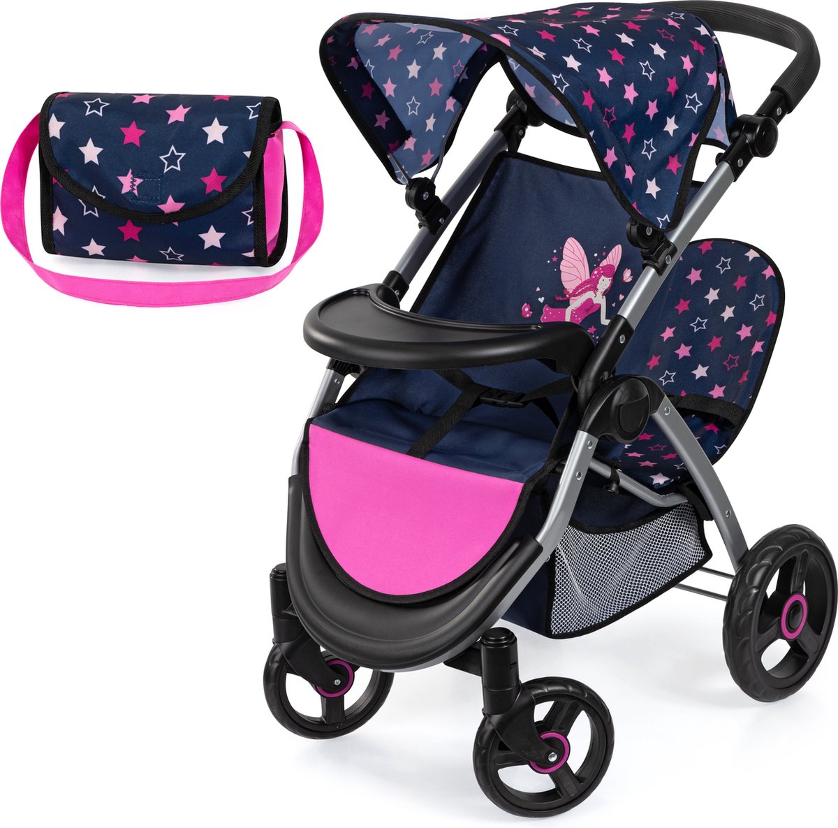 Bayer Design Zwillingspuppenwagen Twin Xeo, Doppelpuppenwagen, verstellbarer Schiebebügel, Tasche