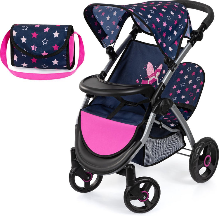 Bayer Design Zwillingspuppenwagen Twin Xeo, Doppelpuppenwagen, verstellbarer Schiebebügel, Tasche