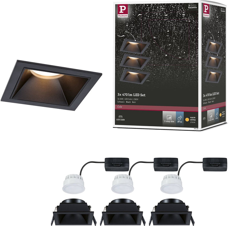Paulmann LED Einbauleuchte 3-Stufen-Dim Cole Coin 3er Set IP44 eckig 88x88 mm Coin 3x6W 3x470lm 230V dimmbar 2700k schwarz