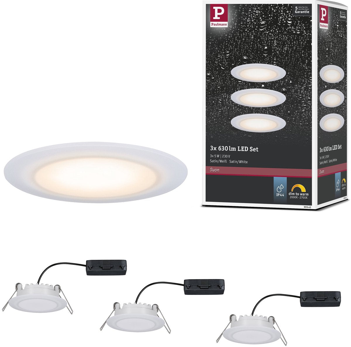Paulmann Premium LED Einbauleuchte Dim to Warm Suon Basisset IP44 rund 90 mm 3x5W 3x450lm 230V dimmbar Dim to Warm Satin, Weiß