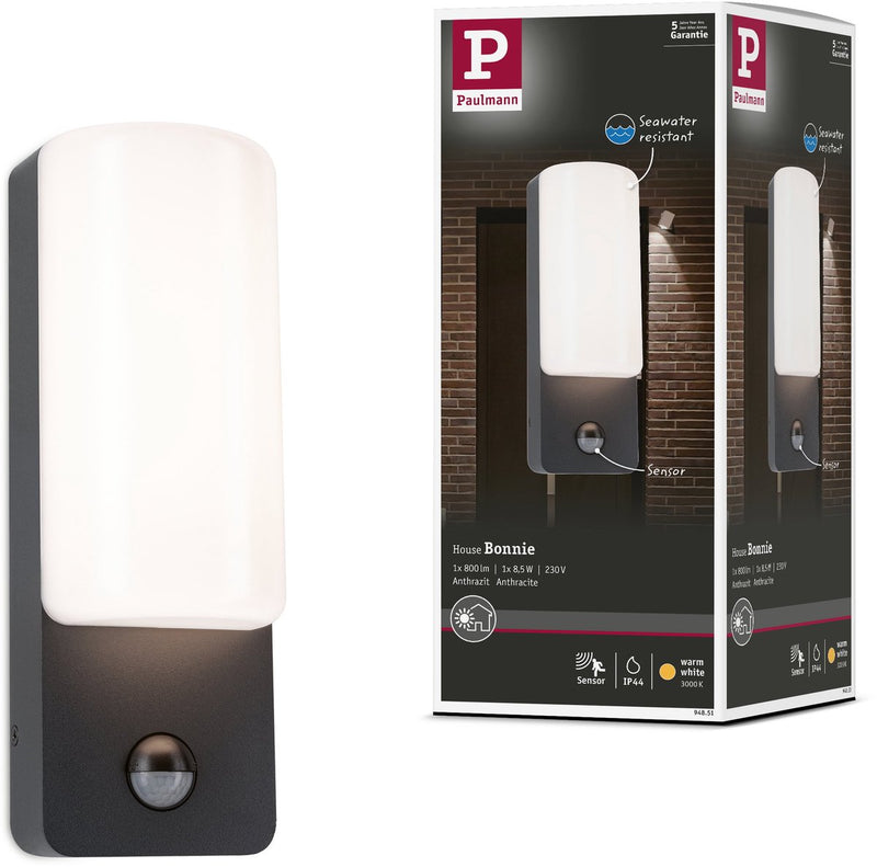 Paulmann Outdoor LED-Wandleuchte Bonnie dämmerungsgesteuerter Bewegungsmelder (IR) IP44 93x263 mm 3000K 8,5W 560LM 230V Anthrazit-Aluminium