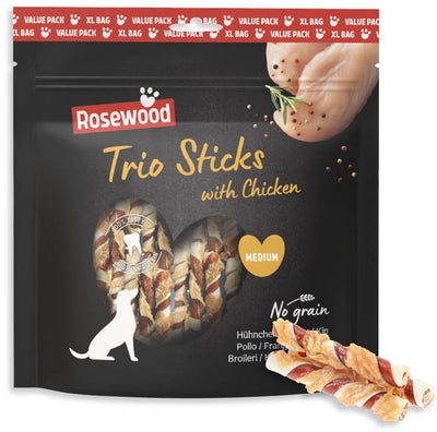 Rosewood Trio Sticks Hundesnack Huhn mittel – feste Kausticks aus Rindsleder – Vorteilspack 450 g – getreidefrei – ohne künstliche Zusatzstoffe