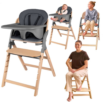 Lionelo Megan – Hochstuhl aus Holz, Baby-Esszimmerstuhl – mitwachsender Stuhl 3in1: von 6 Monaten bis 110 kg – verstellbar: Sitz, Fußstütze, Tisch – 5-Punkt-Gurt – Tablett mit Silikoneinlage – waschbares Kissen – rutschfeste Füße – Babystuhl