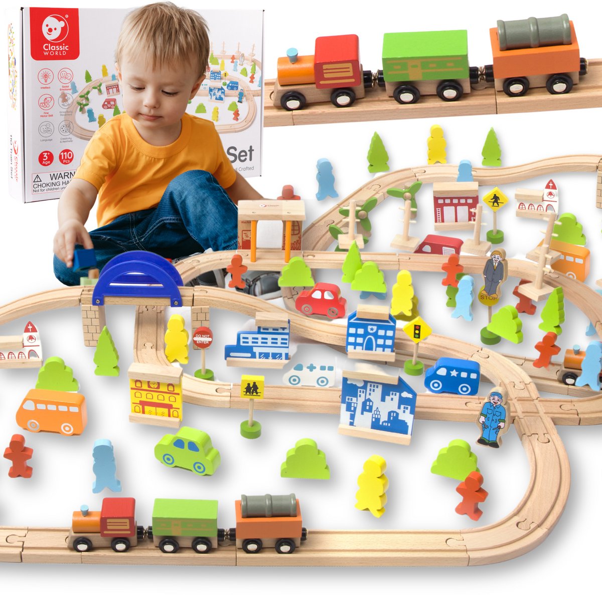 Klassiker World World Wooden Train Set, 110dlg.