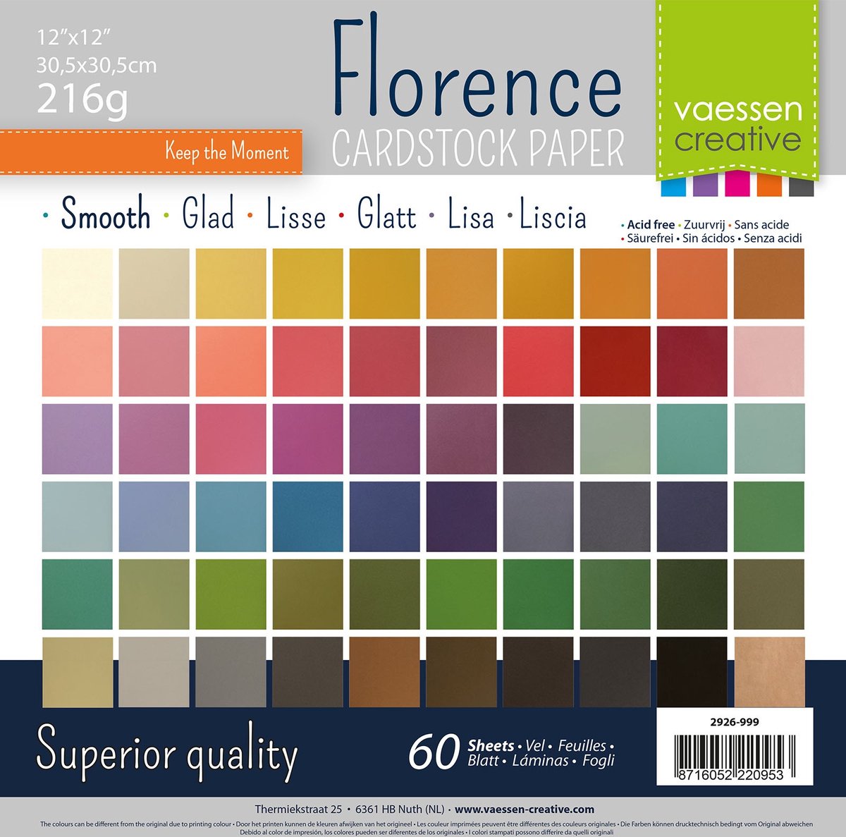 Florence-Karton – Sortiment – 305 x 305 mm – glatte Textur – 216 g – 60 Blatt