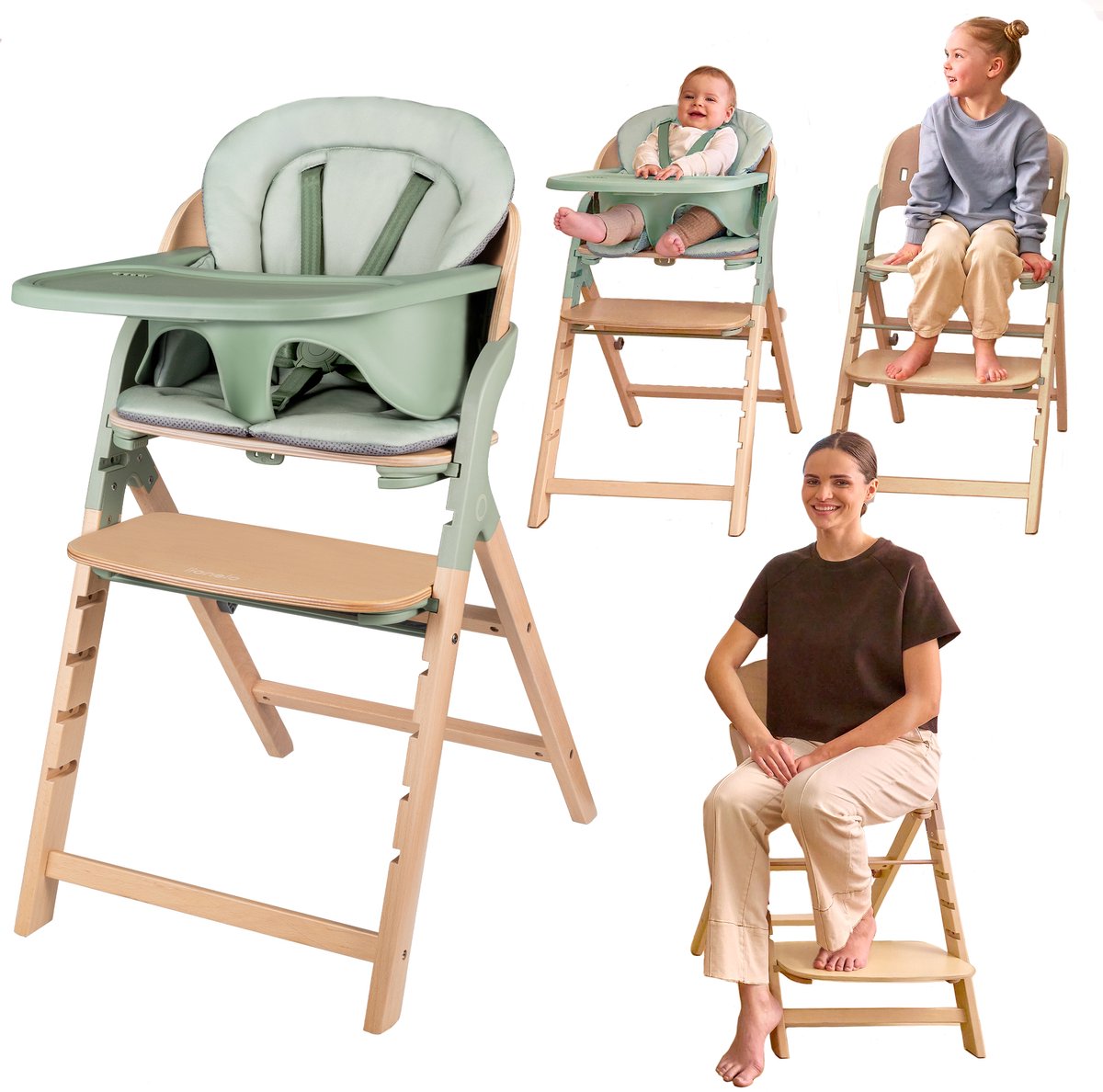 Lionelo Megan – Hochstuhl aus Holz, Baby-Esszimmerstuhl – mitwachsender Stuhl 3in1: von 6 Monaten bis 110 kg – verstellbar: Sitz, Fußstütze, Tisch – 5-Punkt-Gurt – Tablett mit Silikoneinlage – waschbares Kissen – rutschfeste Füße – Babystuhl