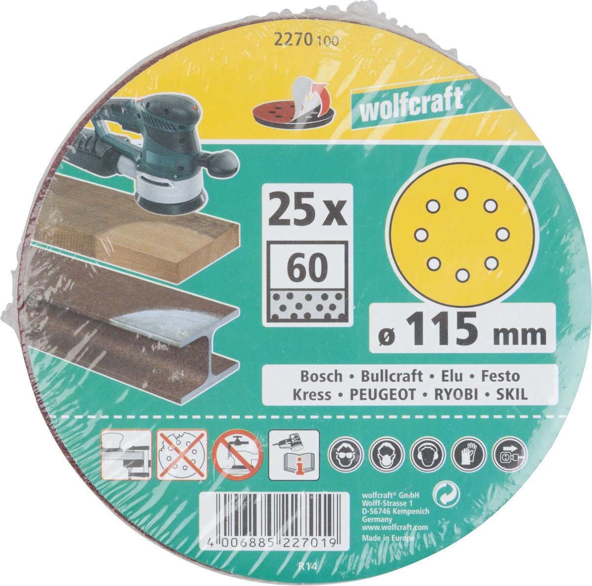Wolfcraft – Schleifpapier Körnung 60 – 115 mm – 25 Stück – für Schleifmaschinen – Klettbefestigung – 2270100