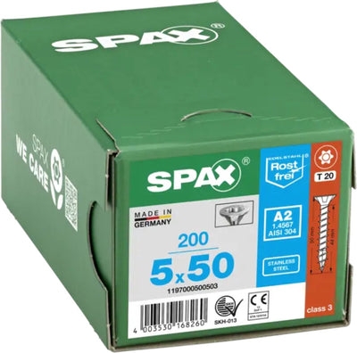 Spax Edelstahlschraube, 5 x 50 mm, 180 Stück, Teilgewinde, Senkkopf, T-Star Plus T20, 4Cut, Edelstahl A2 – 8000000287893