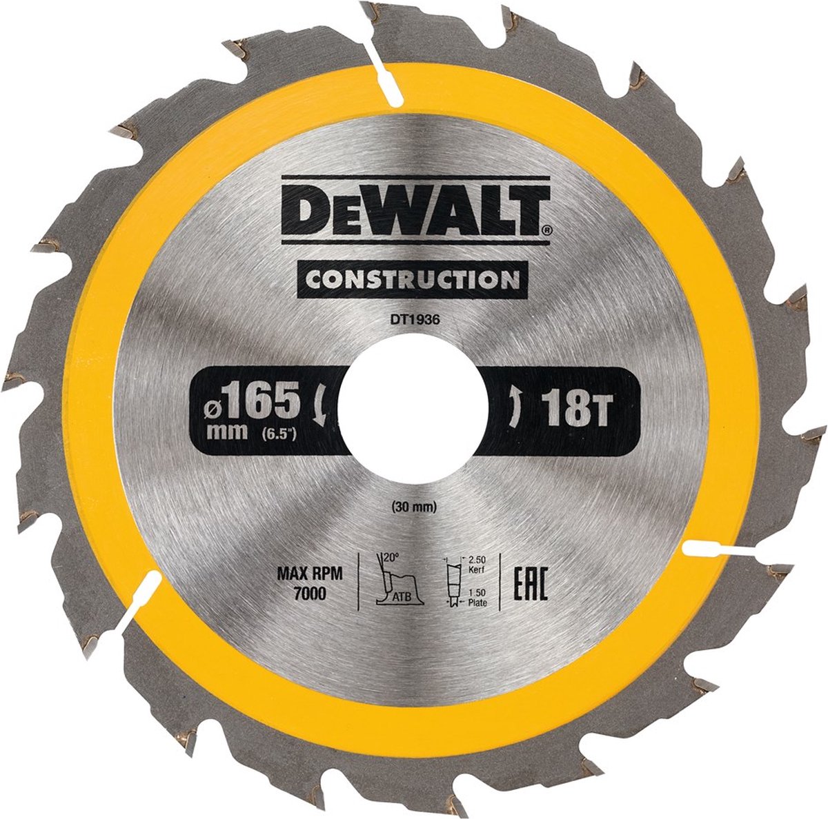 Dewalt Kreissägeblatt für Holz | Bau | ø 165mm Achsloch 30mm 18t - dt1936-qz