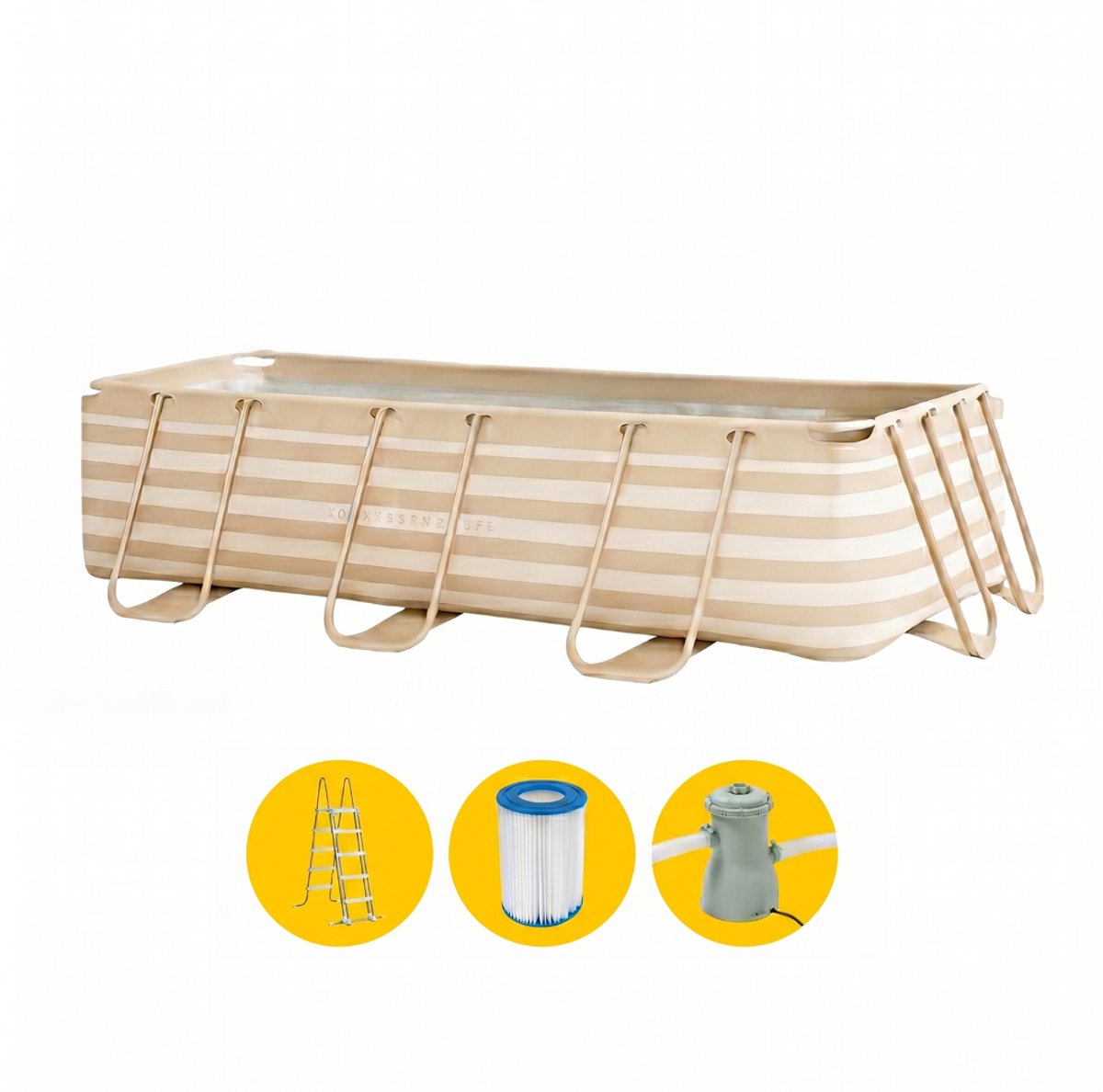 Schwimmutensilien – Rahmenpool 4 Meter + Filterpumpe + Treppe – beige gestreift – oberirdischer Pool