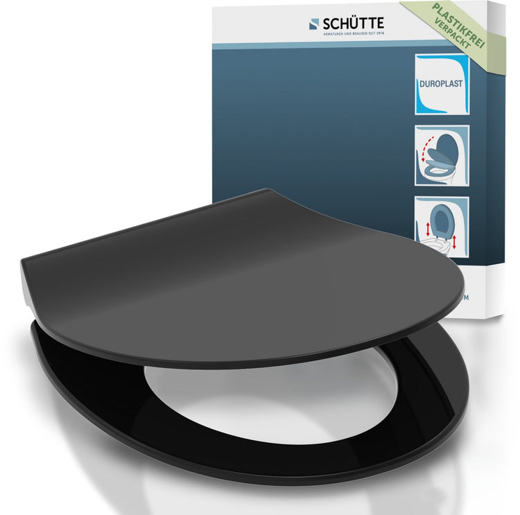 Schütte WC-Sitz 82710 Slim Schwarz – Duroplast – superdünn – Absenkautomatik – klickbar – Edelstahlscharniere – Belastbarkeit bis 175 kg – lackiert – Schwarz matt