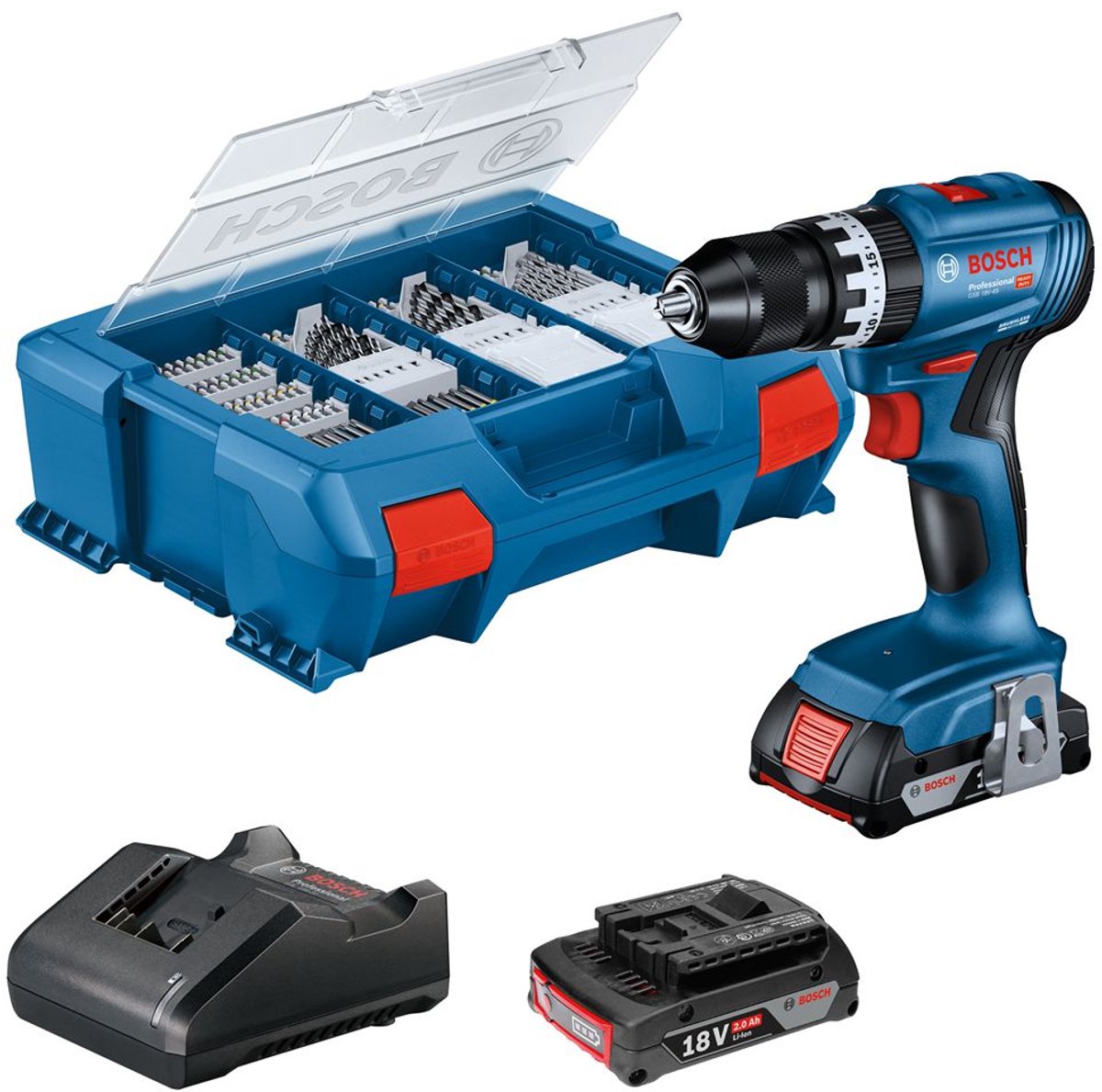 Bosch Professional GSB 18V-45 Akku-Schlagbohrschrauber – 2x GBA 18V 2,0 Ah – Ladegerät Gal 18V-20 – 82 Zubehörteile