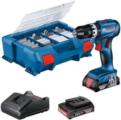 Bosch Professional GSB 18V-45 Akku-Schlagbohrschrauber – 2x GBA 18V 2,0 Ah – Ladegerät Gal 18V-20 – 82 Zubehörteile