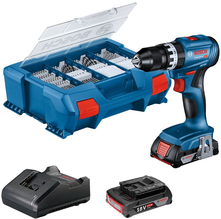 Bosch Professional GSB 18V-45 Akku-Schlagbohrschrauber – 2x GBA 18V 2,0 Ah – Ladegerät Gal 18V-20 – 82 Zubehörteile