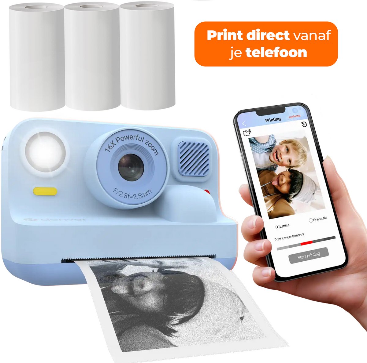 Denver Kinderkamera Full HD mit Drucker – Selfie-Kamera – 48 MP – Digitalkamera für Kinder – Bluetooth-Drucker – Foto-Video – kpc1374btbu – blau