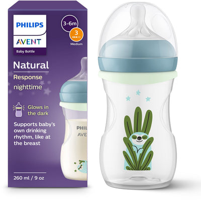 Philips Avent Natural Response Nacht-Babyflasche 260 ml – Flow 3 – Anti-Krampf – im Dunkeln leuchtende Flasche – SCY903 81
