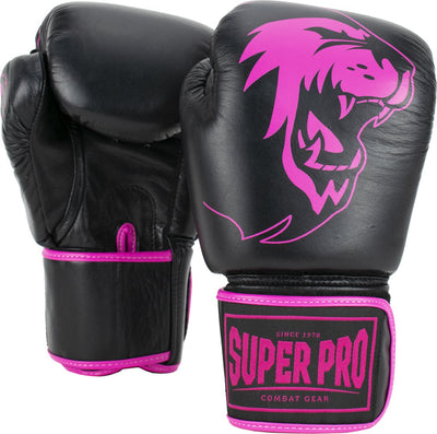 Super Pro Combat Gear Warrior Leder (Kick)Boxhandschuhe schwarz rosa 12oz