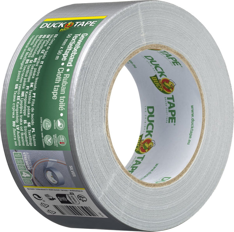 Kip Duck Tape Original – Premium Duct Tape Textilband – silberfarben 50 mm x 50 m – wetterfest, wasserfest und von Hand abreißbar – universell einsetzbar zur dauerhaften Reparatur, Abdichtung und zum Schutz von Stein, Metall und Holz