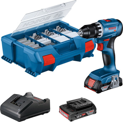 Bosch Professional GSR 18V-45 Akku-Bohrschrauber – 2x GBA 18V 2,0 Ah – Ladegerät Gal 18V-20 und 82 Zubehörteile