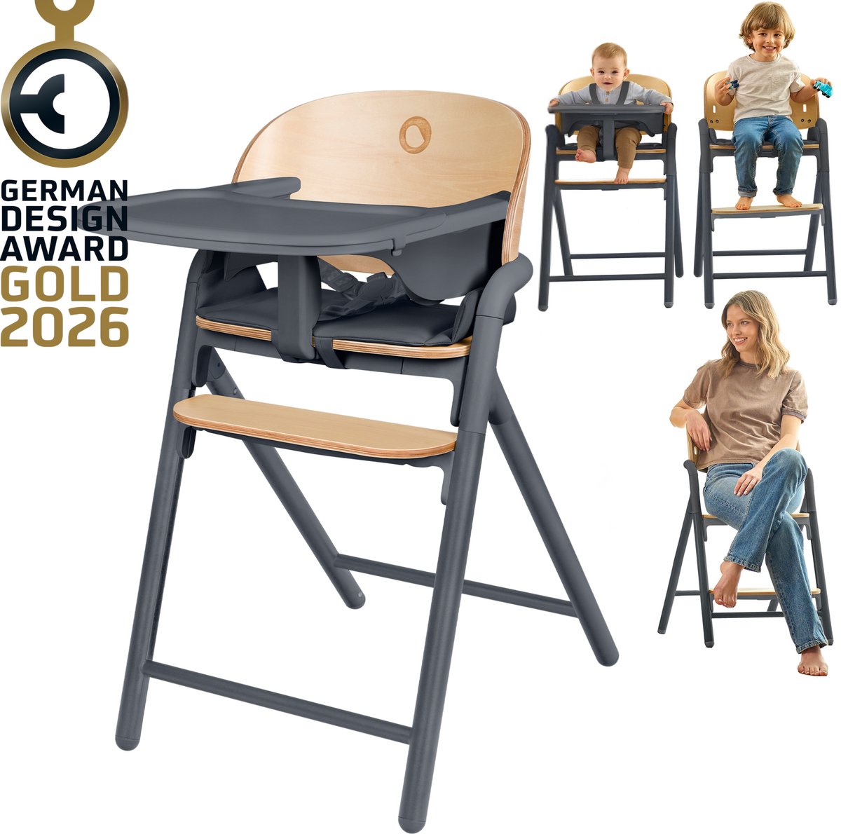 Lionelo Celia 3-in-1-Hochstuhl aus Holz – vom Baby bis zum Erwachsenen – verstellbare Sitzfußstütze – 5-Punkt-Gurt – Kunstlederpolsterung – inklusive Babyset-Futtertablett – Belastbarkeit bis 110 kg