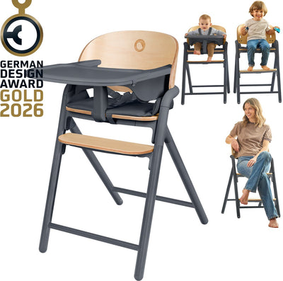 Lionelo Celia 3-in-1-Hochstuhl aus Holz – vom Baby bis zum Erwachsenen – verstellbare Sitzfußstütze – 5-Punkt-Gurt – Kunstlederpolsterung – inklusive Babyset-Futtertablett – Belastbarkeit bis 110 kg