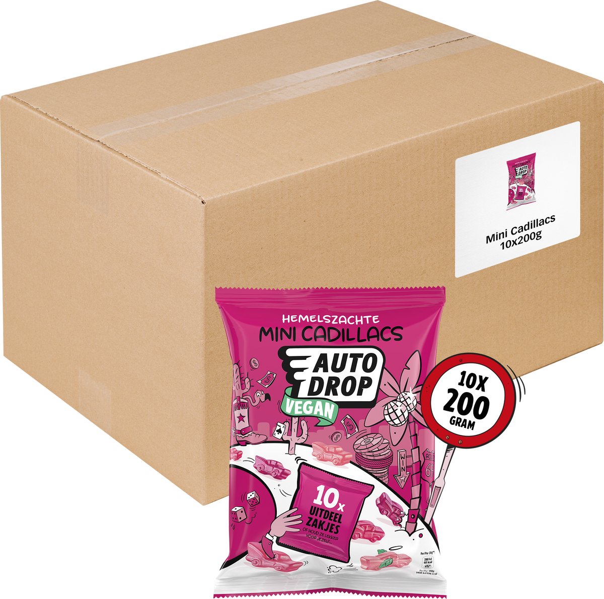 Autodrop – Süßigkeiten – vegane Mini-Cadillacs-Spenderbeutel – 10 Beutel – 200 Gramm