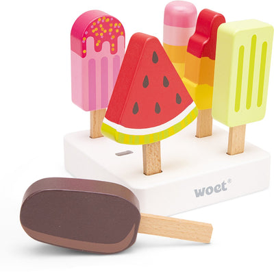 Woet® Eisspielzeug aus Holz – 6-teiliges buntes Eis mit Ständer – Spielzeug-Essen – Rollenspiel-Küchenspielzeug-Eisstand – ab 2 Jahren