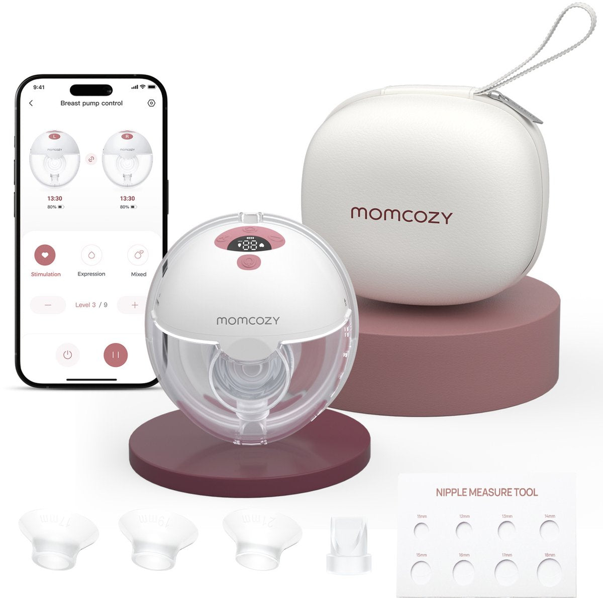 Momcozy m5 smart – Freisprech-Milchpumpe – 1 Stück – elektrisch – geräuschlos kompakt – mit Brusthauben-Einsätzen – weiß rot