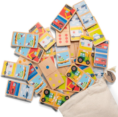 Woet® Dominospiel aus Holz mit Fahrzeugen – Spiele für Kinder – FSC – inklusive Aufbewahrungstasche – Lernspielzeug – ab 2 Jahren